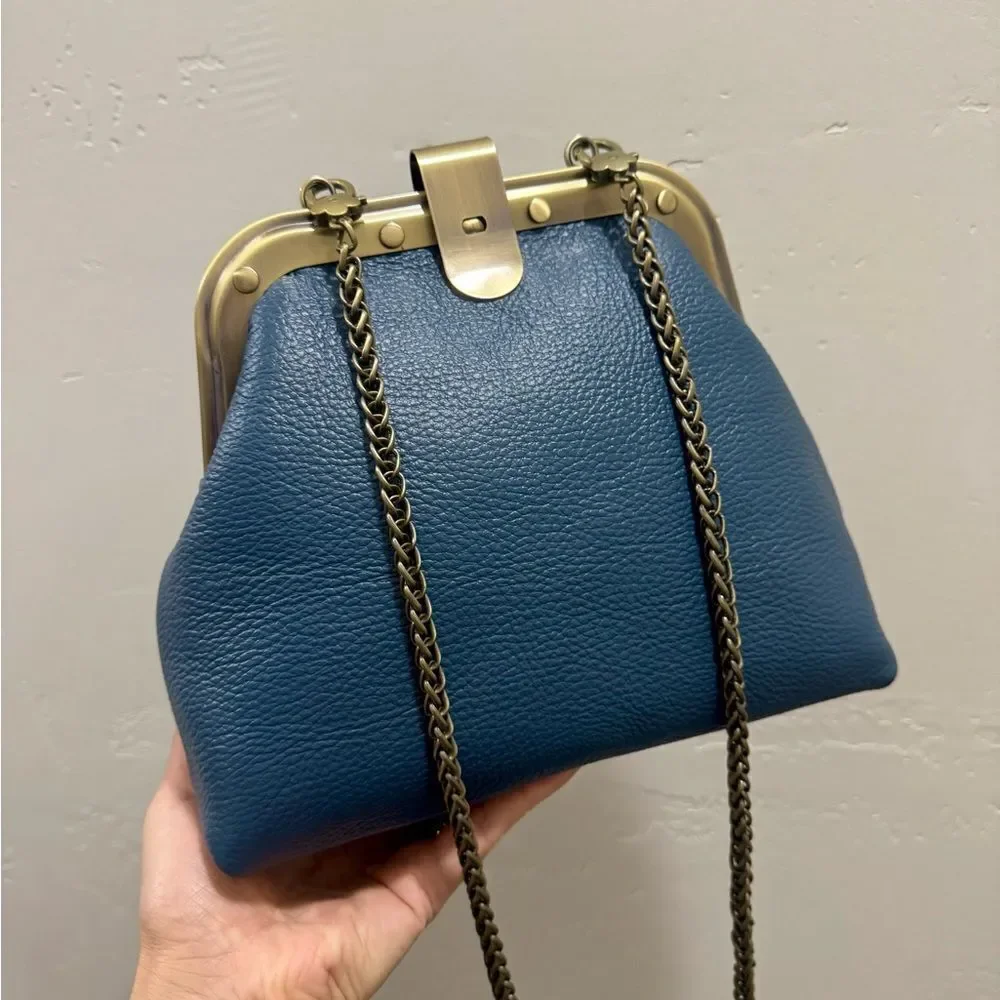 Blue Premium Pebble Leather Handmade Unique Rivet Metal Frame Handbag/Crossbody
